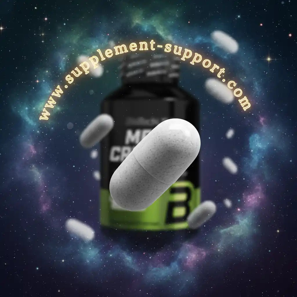 Nahrungsergänzungsmittel Kapseln vor kosmischem Hintergrund mit Supplement-Dose.