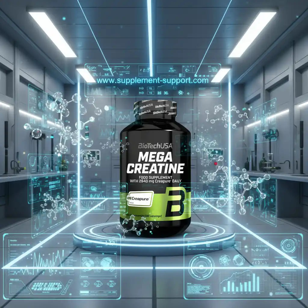 BiotechUSA Mega Creatine Nahrungsergänzung in einem futuristischen Labor-Setting