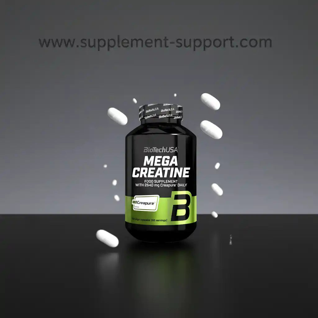 BioTechUSA Mega Creatine Nahrungsergänzungsmittel für Sportler in schwarzer Dose.