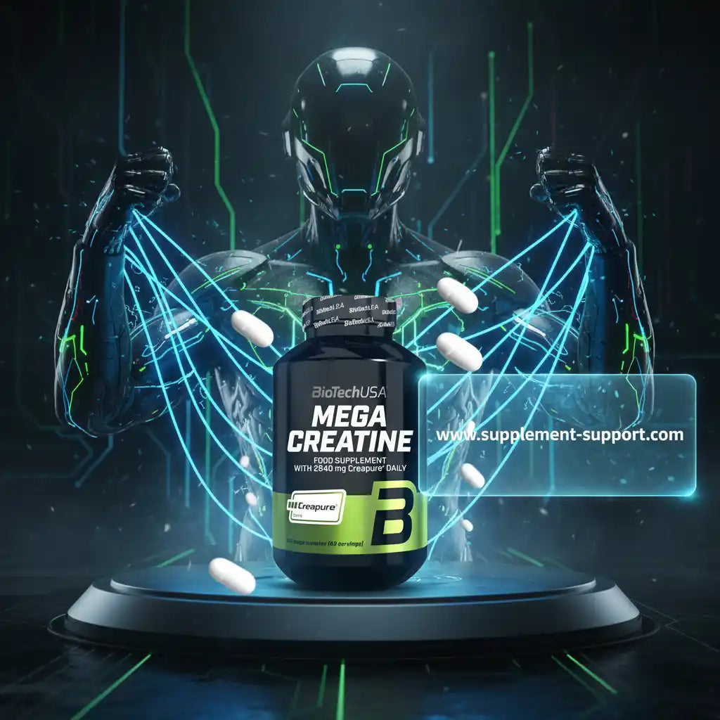 BiotechUSA Mega Creatine Nahrungsergänzung vor futuristischem Cyber-Roboter-Hintergrund.