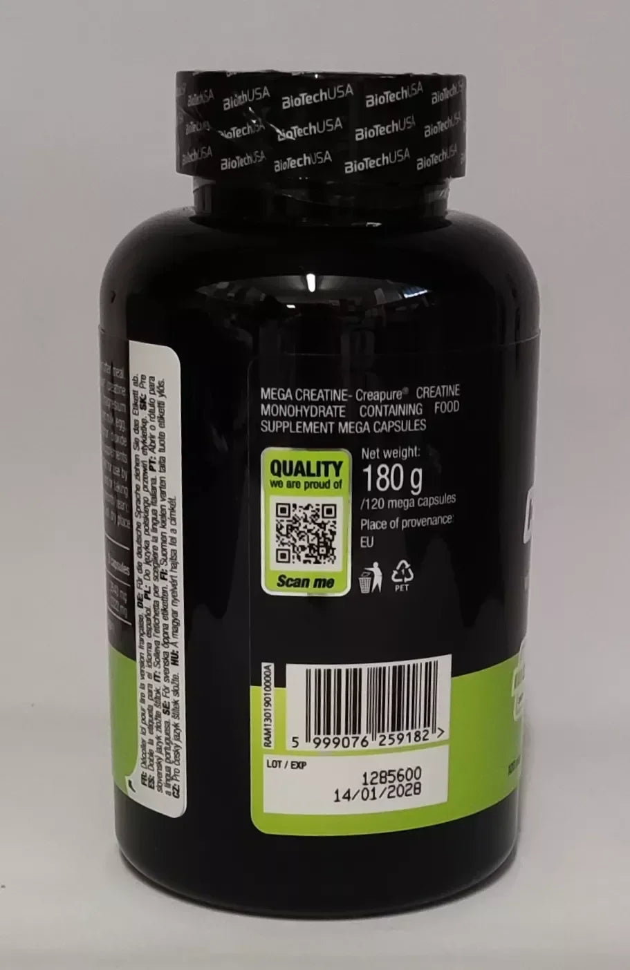 Rückseite einer schwarzen Dose Mega Creatine Monohydrat Kapseln mit Inhaltsstoffen und Barcode