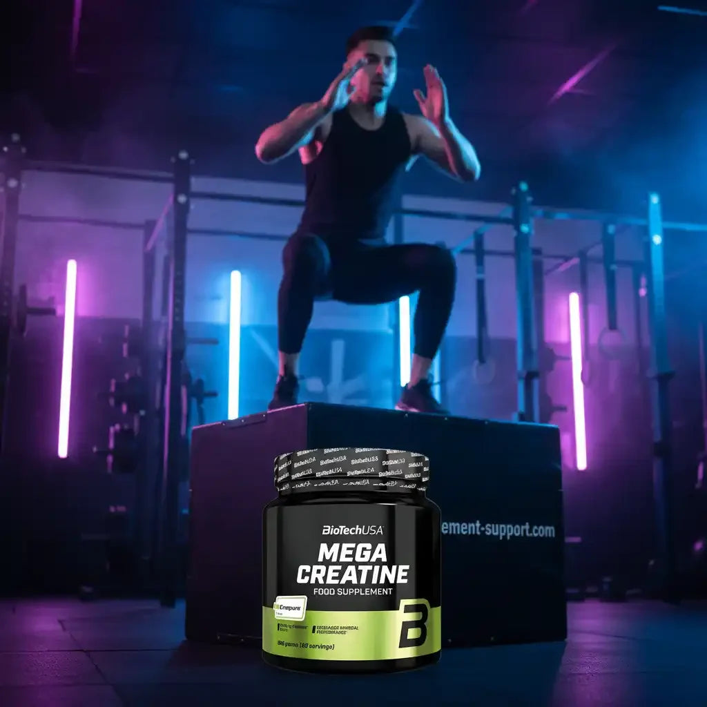 BioTechUSA Mega Creatine Nahrungsergänzungsmittel vor Athlet im Fitnessstudio mit Boxjump