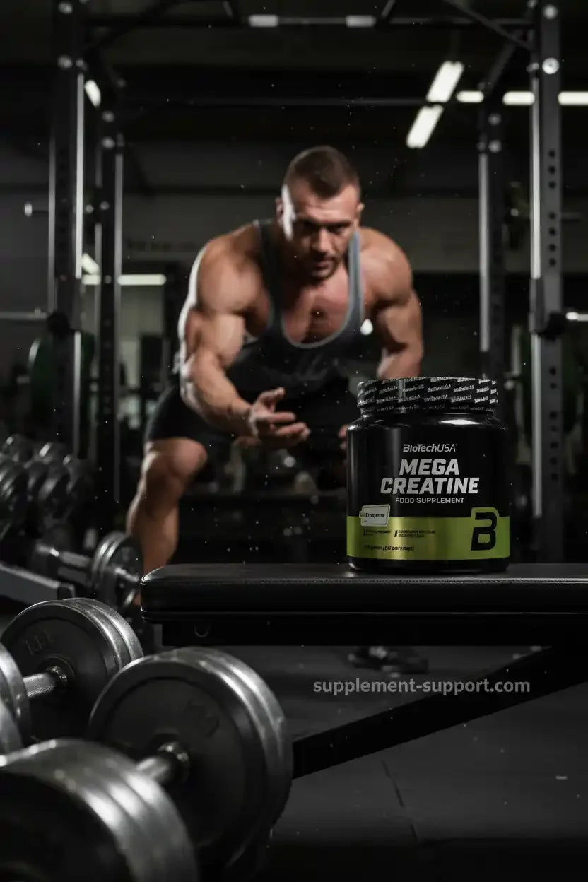 Mega Creatine Nahrungsergänzung im Fitnessstudio mit Muskelmann und Hanteln