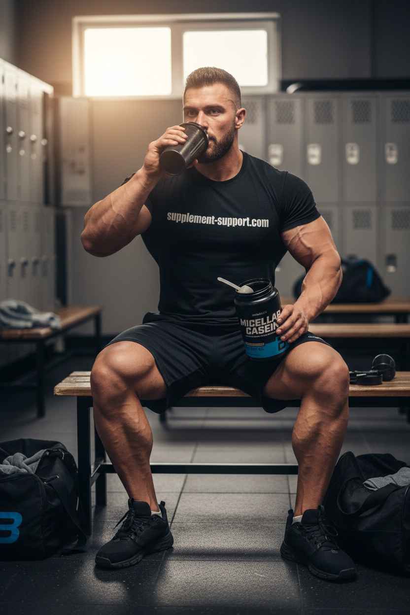 Muskulöser Mann trinkt Proteinpulver im Fitnessstudio, Micellar Casein Supplement