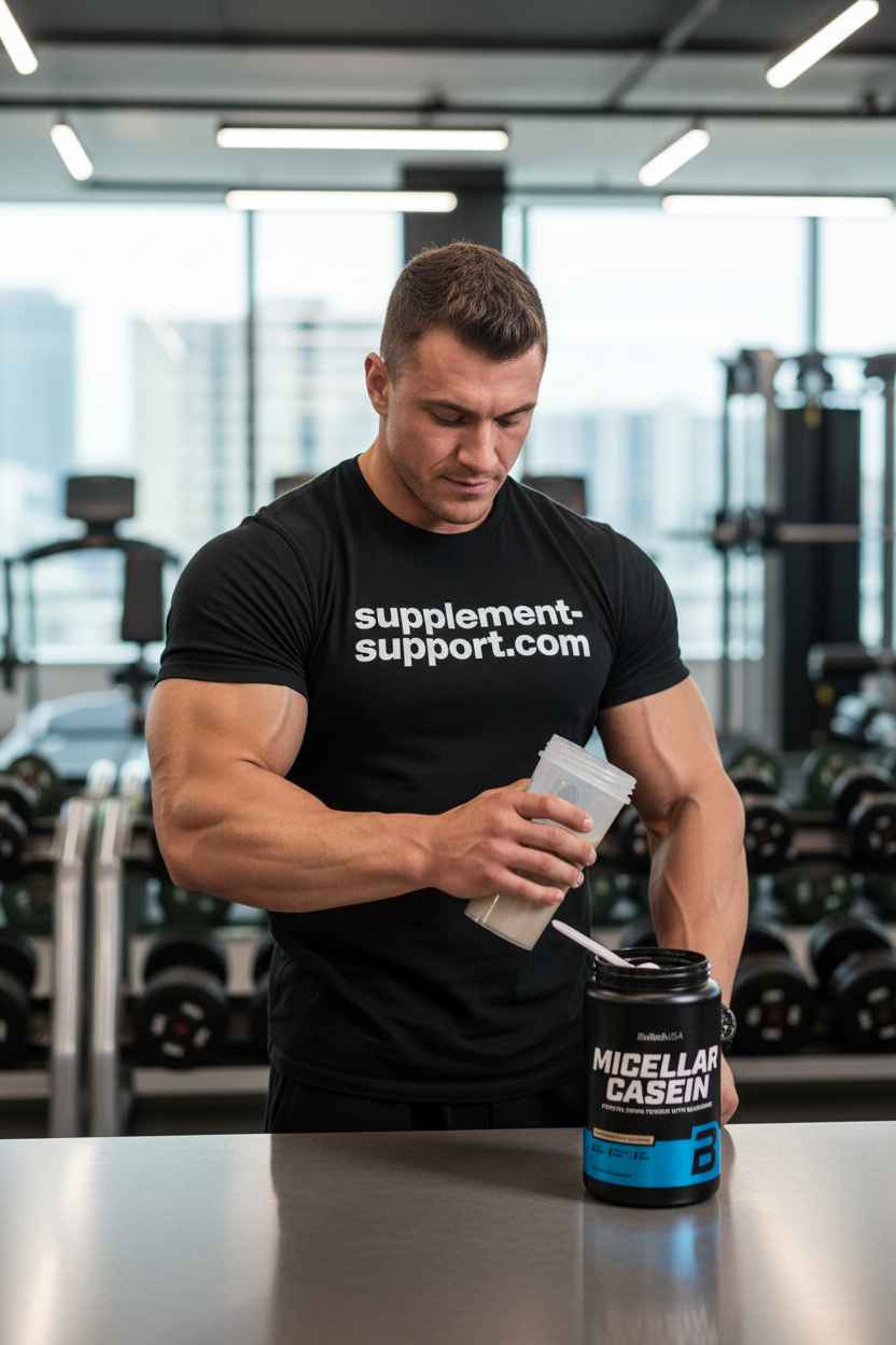 Muskulöser Mann bereitet Micellar Casein Proteinshake im Fitnessstudio vor