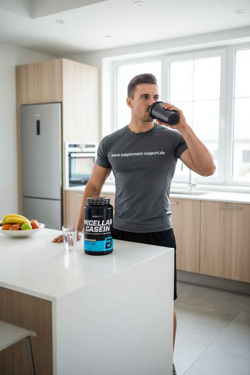 Mann trinkt Micellar Casein Proteinshake in moderner Küche, ideal für Fitness und Sportnahrung