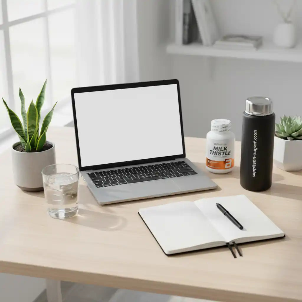 Milk Thistle Nahrungsergänzung neben Laptop, Notizbuch und Wasserflasche auf hellem Schreibtisch.