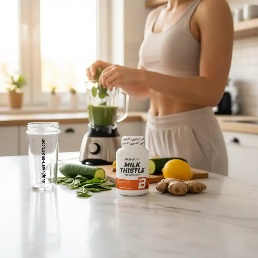 Frau bereitet grünen Smoothie mit BioTechUSA Milk Thistle Supplement in einer hellen Küche zu.