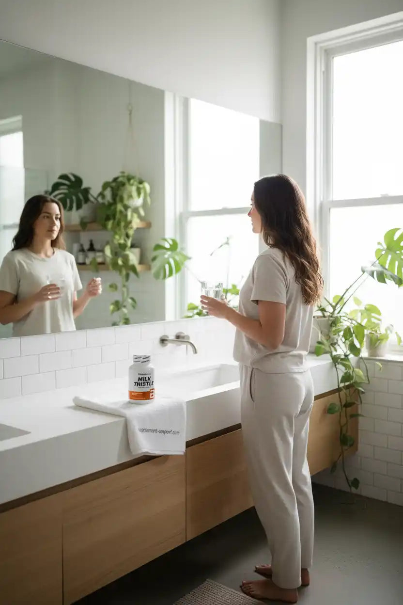 Frau im Badezimmer mit einem Glas Wasser und einer Packung Milk Thistle Nahrungsergänzungsmittel.