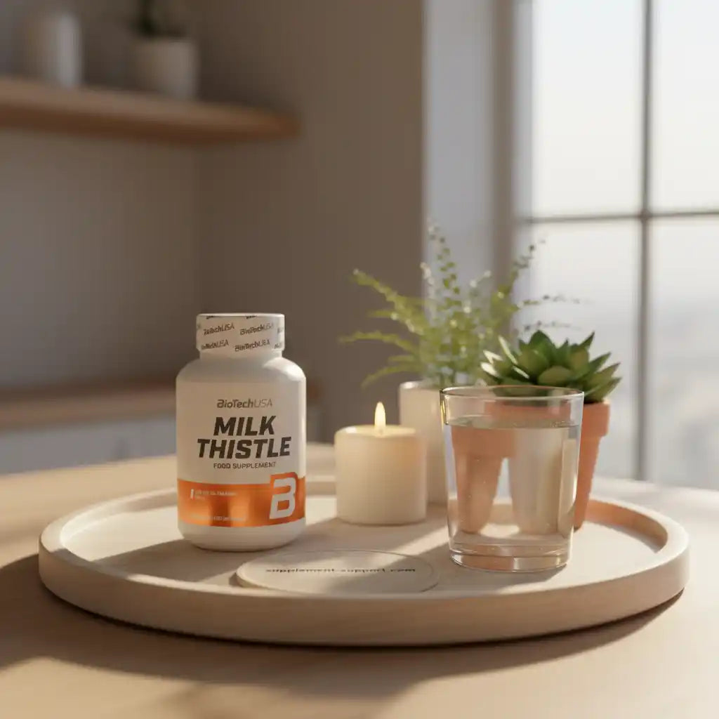 BioTechUSA Milk Thistle Nahrungsergänzung auf einem Tablett mit Wasser und Kerze