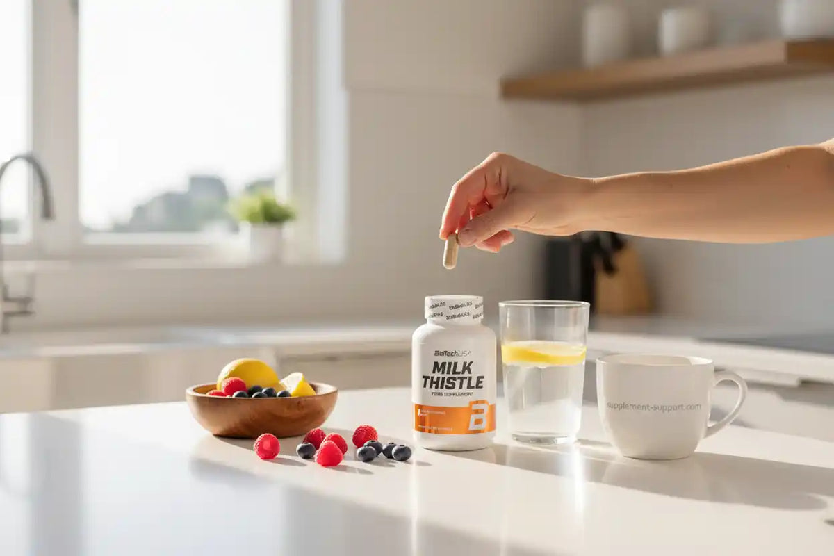 Eine Hand hält eine Mariendistel-Kapsel über einer Dose Milk Thistle neben einem Glas Wasser.