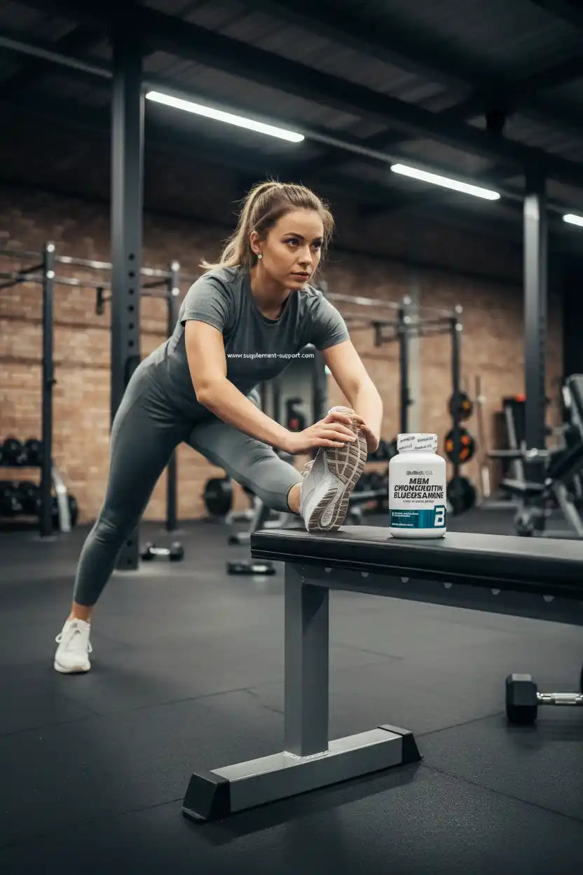 Frau beim Dehnen im Fitnessstudio mit einer Dose Gelenk-Supplement auf der Hantelbank.