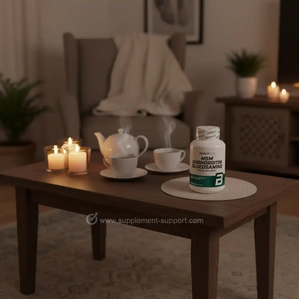 MSM Chondroitin Glucosamin Nahrungsergänzungsmittel auf einem Couchtisch in gemütlichem Ambiente