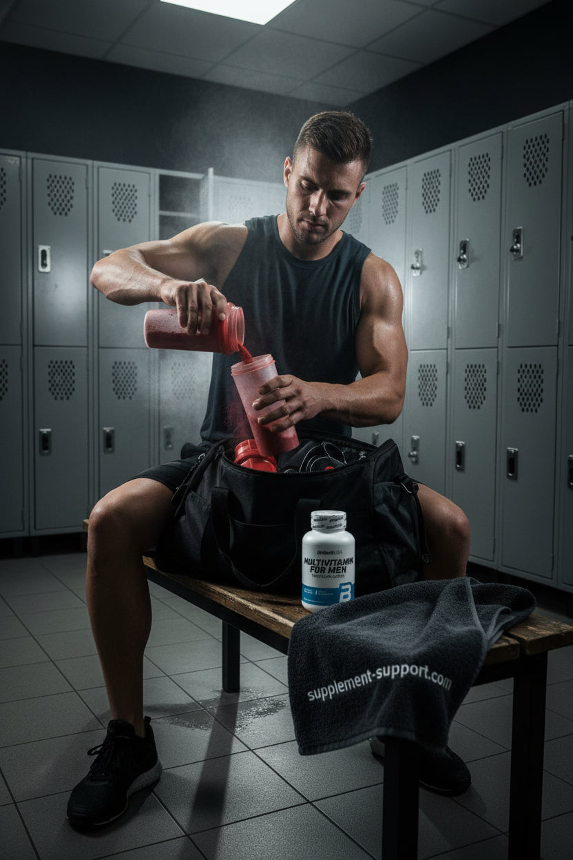 Sportler bereitet Proteinshake vor, Multivitamin für Männer und Fitnesszubehör im Umkleideraum