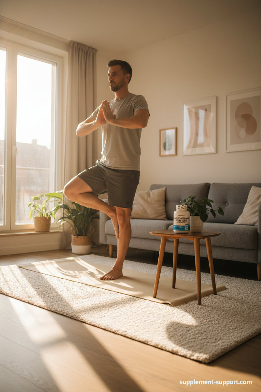 Mann macht Yoga zu Hause mit Nahrungsergänzungsmittel im Wohnzimmer, ideal für Fitness und Sportler