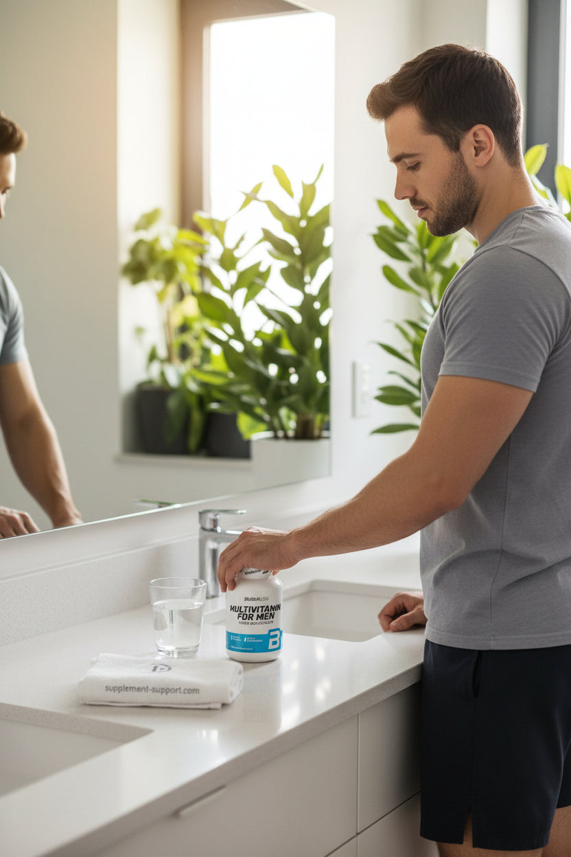 Mann nimmt Multivitamin für Männer mit Wasser im Badezimmer ein