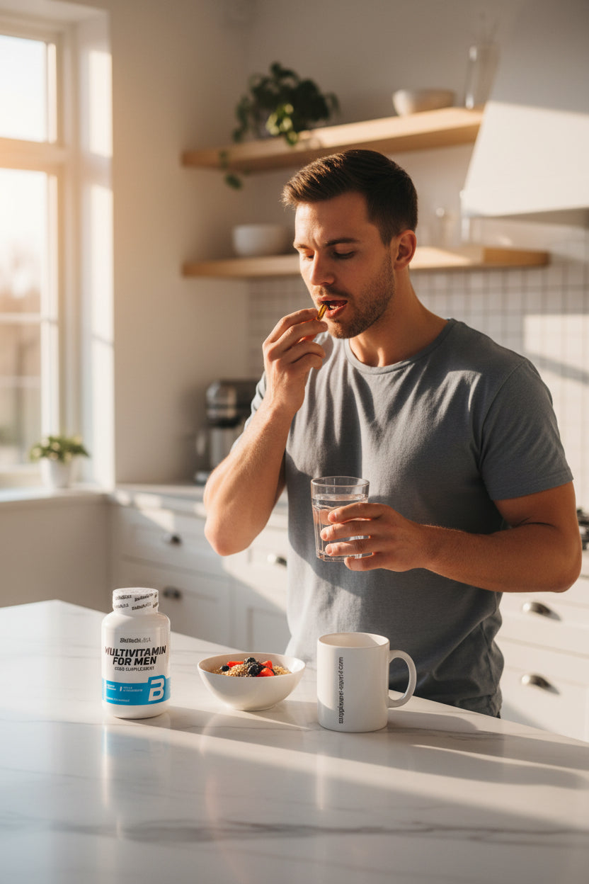 Mann nimmt Multivitamin für Männer mit Wasser ein, gesunde Ernährung und Fitness im Fokus