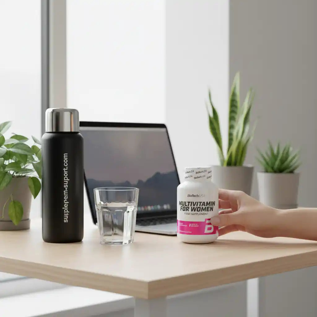 Multivitamin für Frauen, Wasserflasche und Laptop auf Holztisch mit Pflanzen im Hintergrund