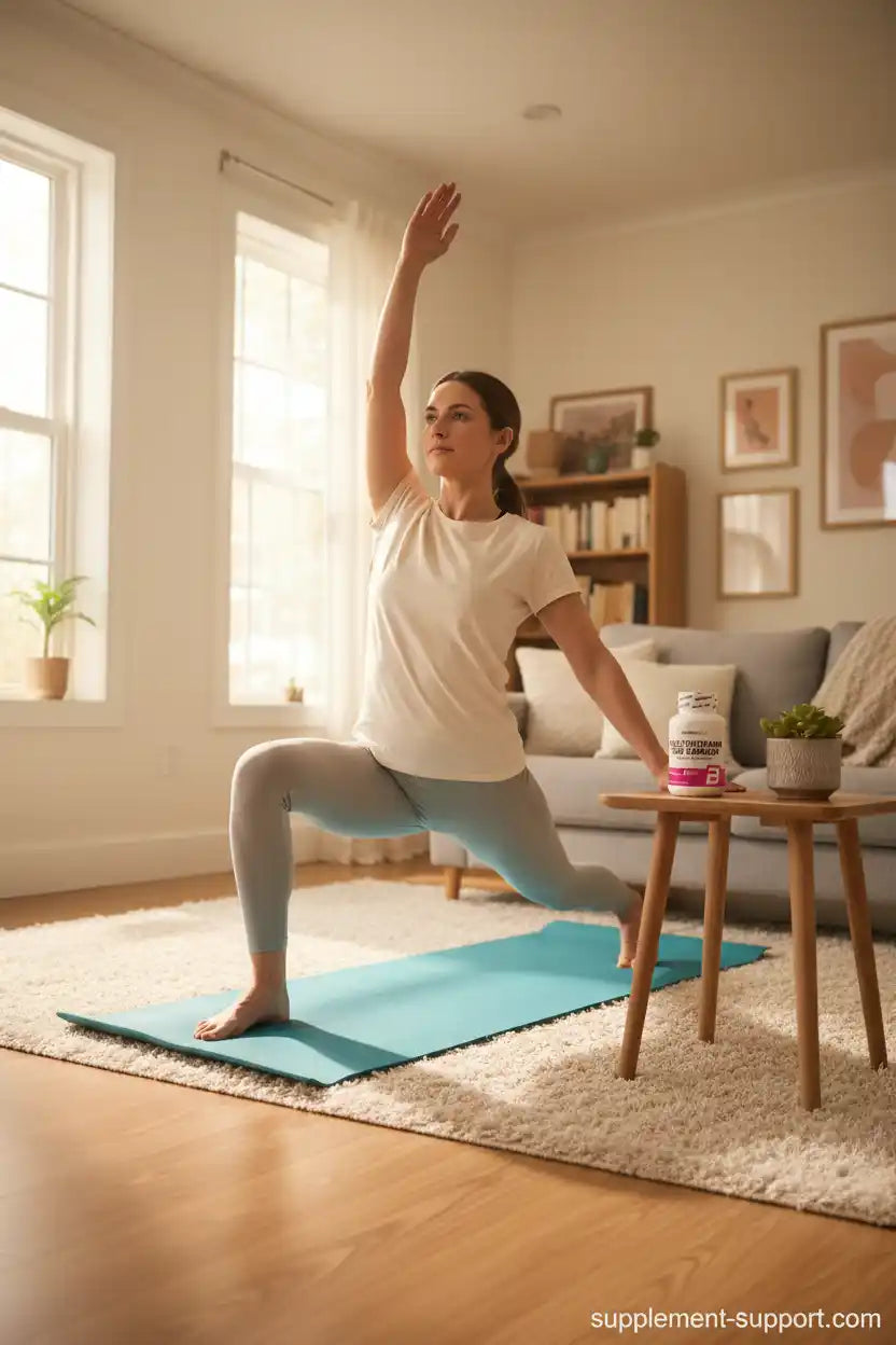 Frau macht Yoga zu Hause mit Nahrungsergänzungsmittel auf Tisch, Fitness & Sportnahrung