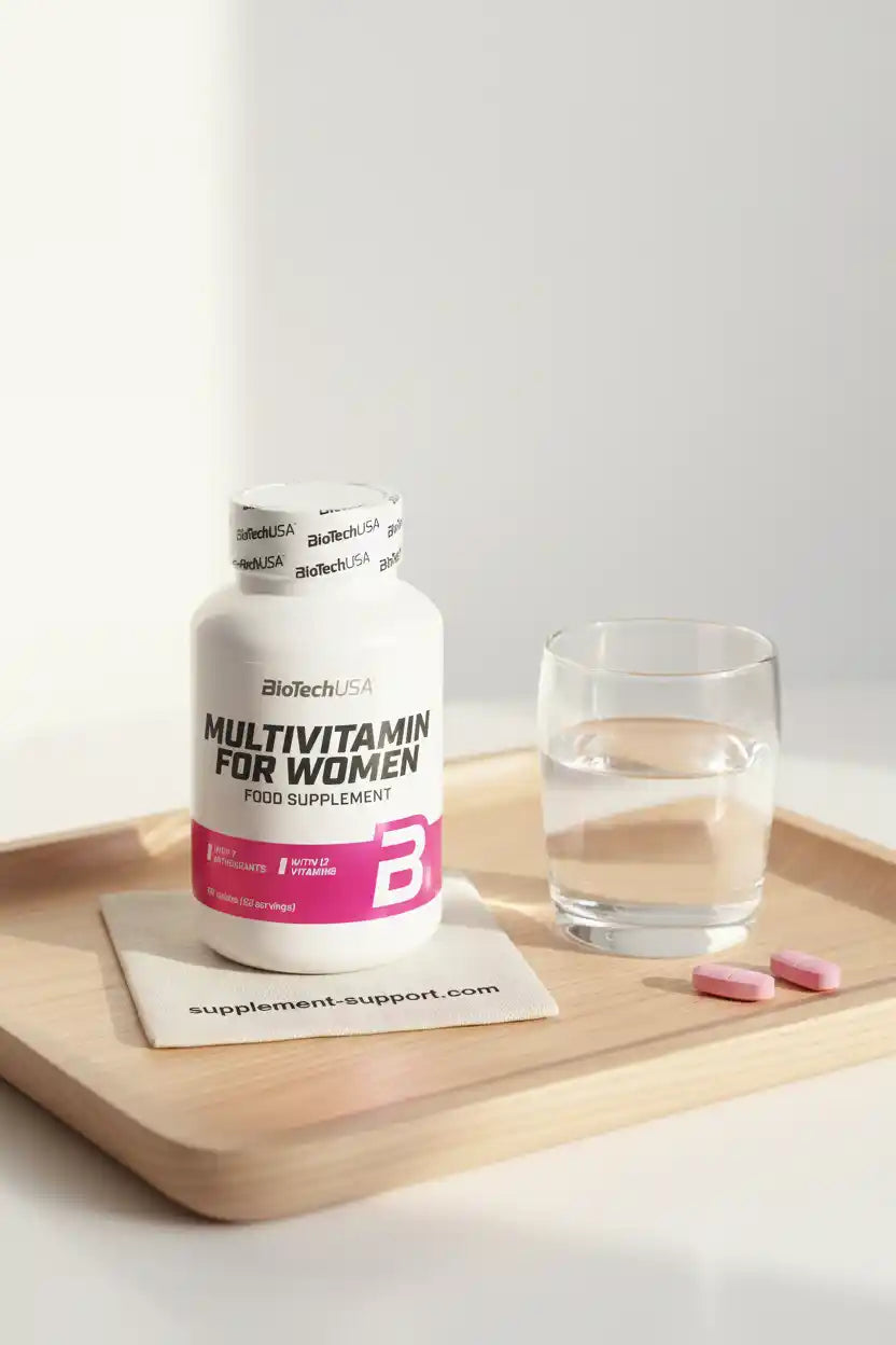 BioTechUSA Multivitamin für Frauen mit Vitamin D, Nahrungsergänzungsmittel neben Wasserglas auf Holztablett