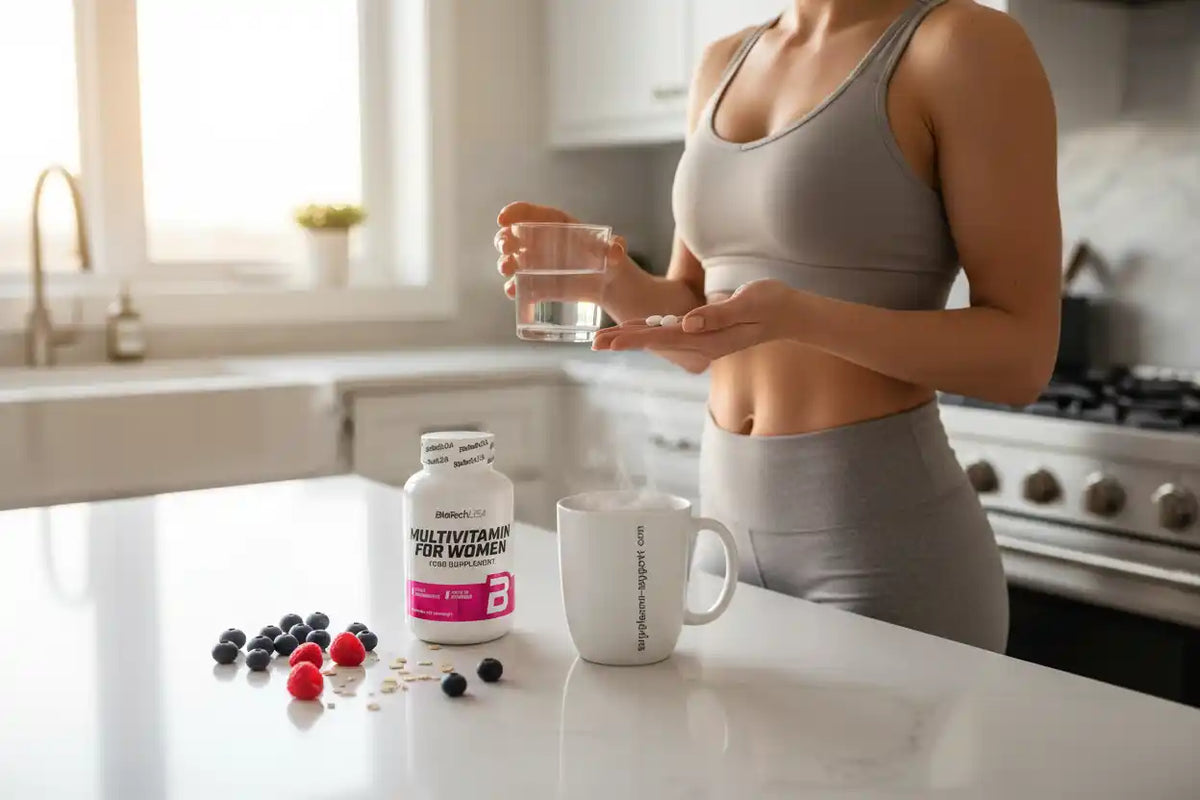 Frau nimmt Multivitamin für Frauen mit Wasser ein, Beeren und Tasse auf Küchenarbeitsplatte