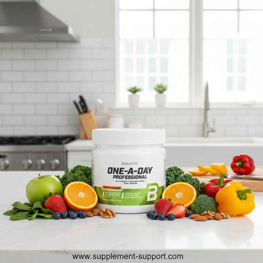 One-A-Day Professional Multivitamin Pulver mit frischem Obst und Gemüse in moderner Küche