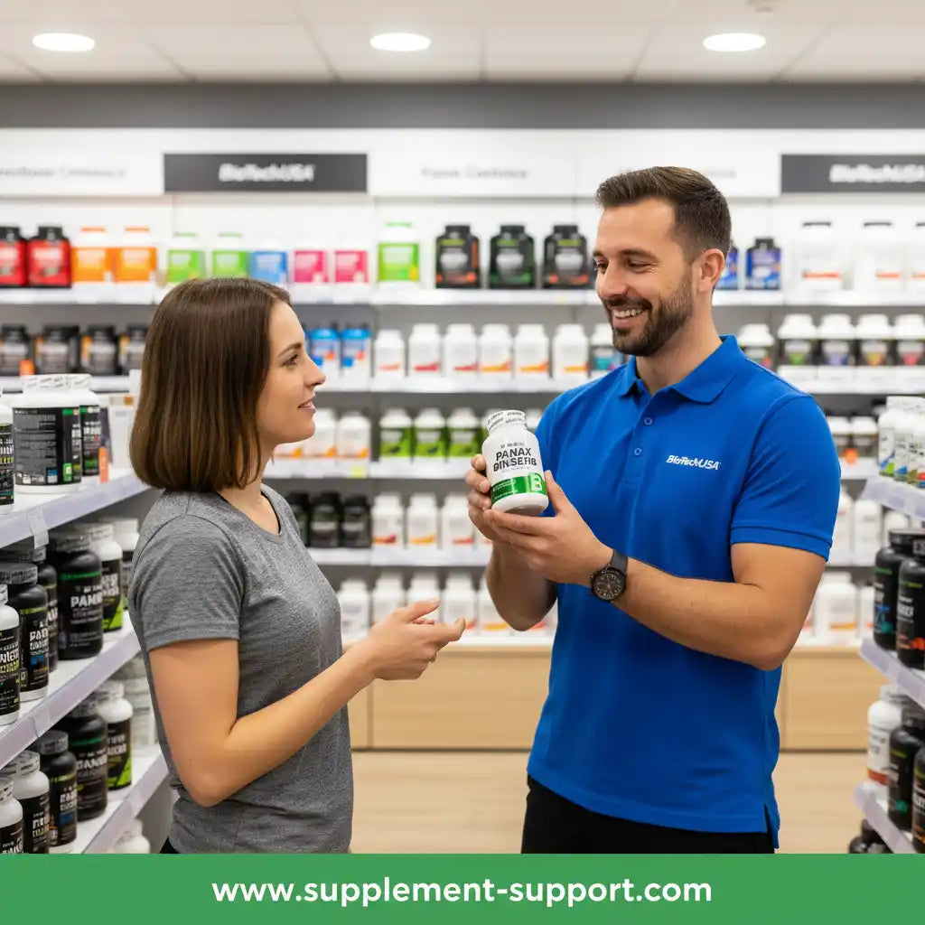 Mann zeigt Frau Panax Ginseng Supplement im Fitness-Shop