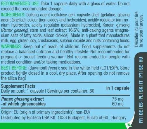 BioTech USA Panax Ginseng 60 Kapseln - Supplement-Support.com