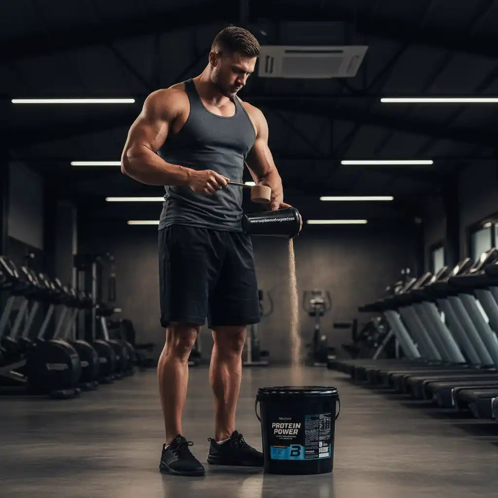 Muskulöser Sportler mischt Protein-Pulver in einem Fitnessstudio.
