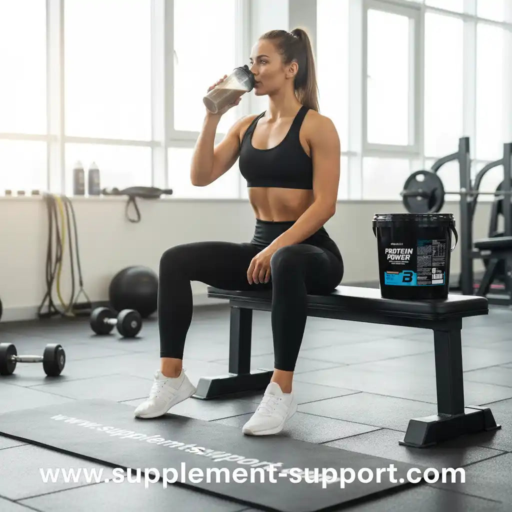 Muskulöse Frau trinkt Proteinshake im Fitnessstudio nach dem Training.