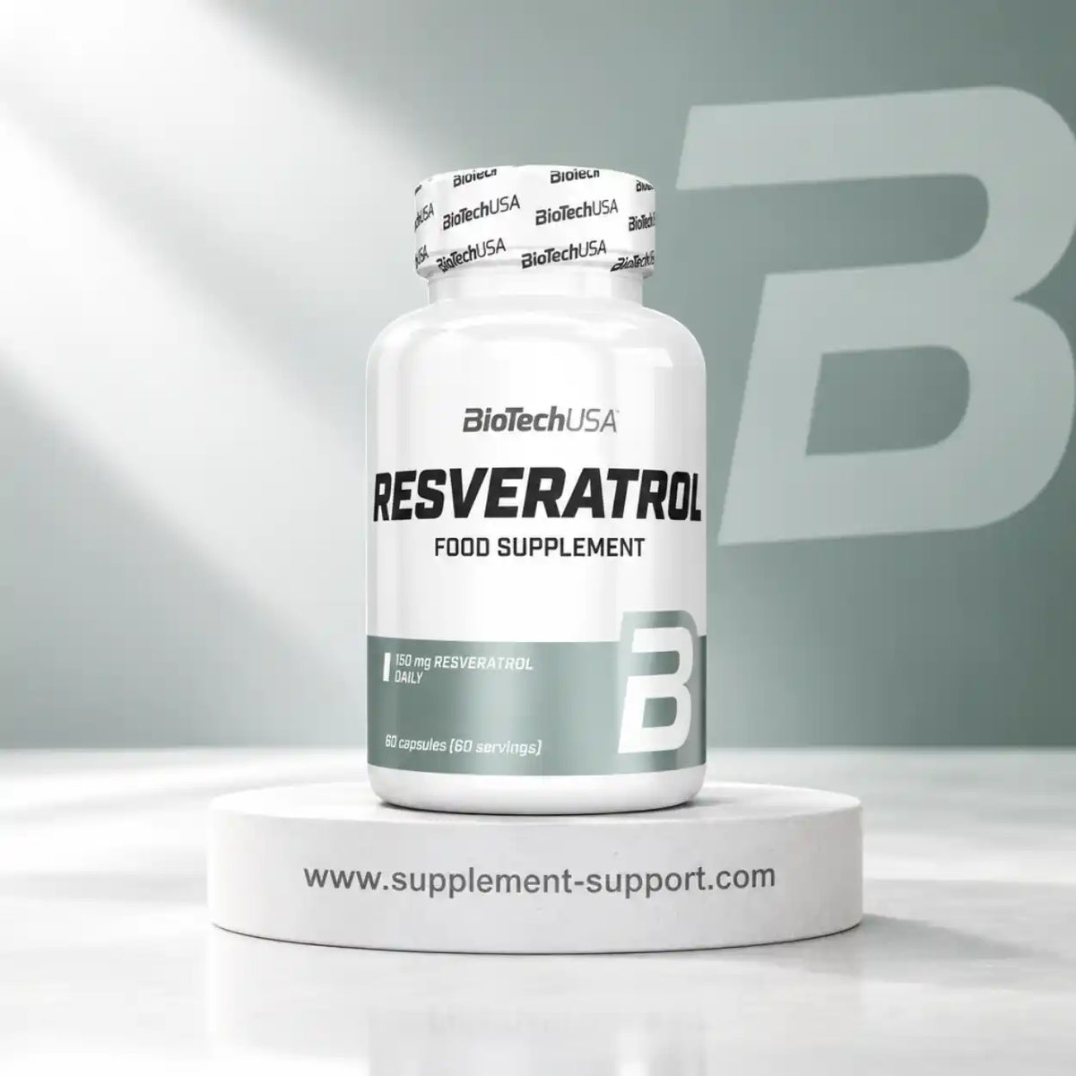 BioTech USA Resveratrol Nahrungsergänzungsmittel, 60 Kapseln in weißer Dose.
