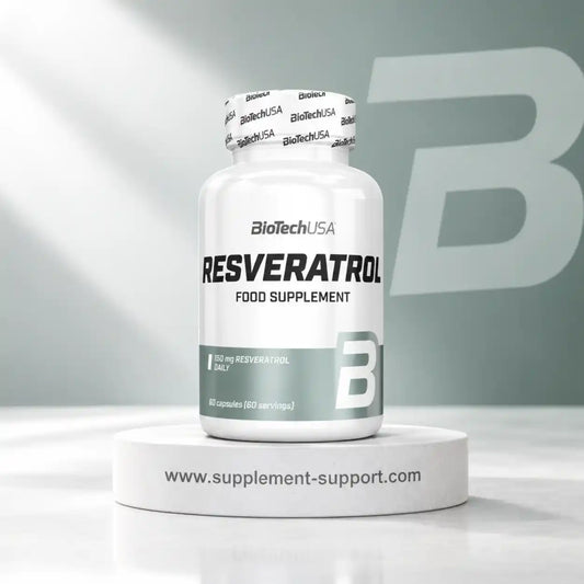 BioTech USA Resveratrol Nahrungsergänzungsmittel, 60 Kapseln in weißer Dose.
