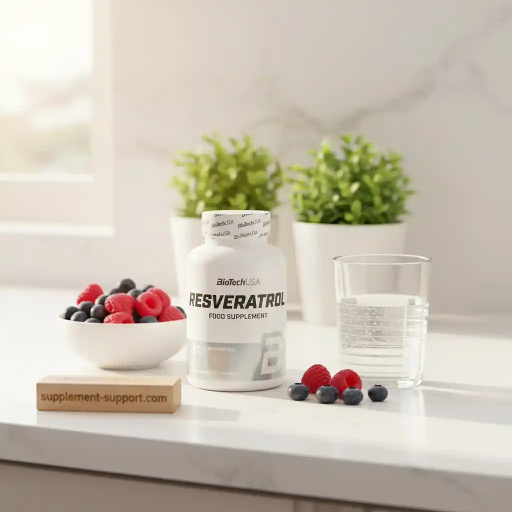 Resveratrol Nahrungsergänzungsmittel mit Beeren und Wasser auf weißer Arbeitsplatte