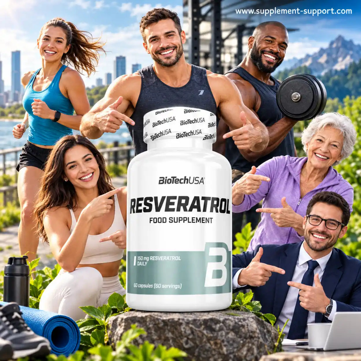 BioTech USA Resveratrol Nahrungsergänzungsmittel mit einer Gruppe fitter Menschen.