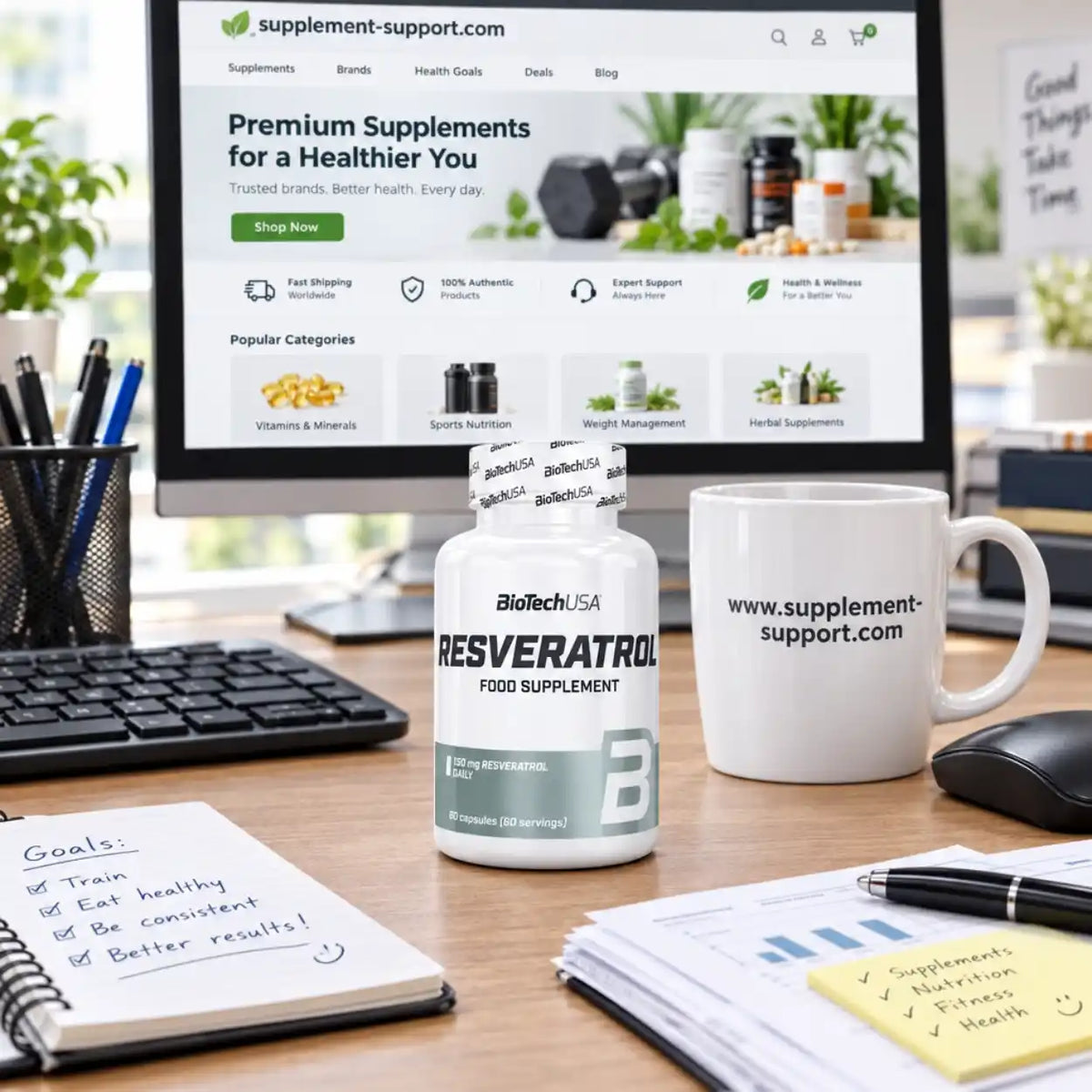 BioTech USA Resveratrol Nahrungsergänzungsmittel auf einem Schreibtisch vor einem Monitor.