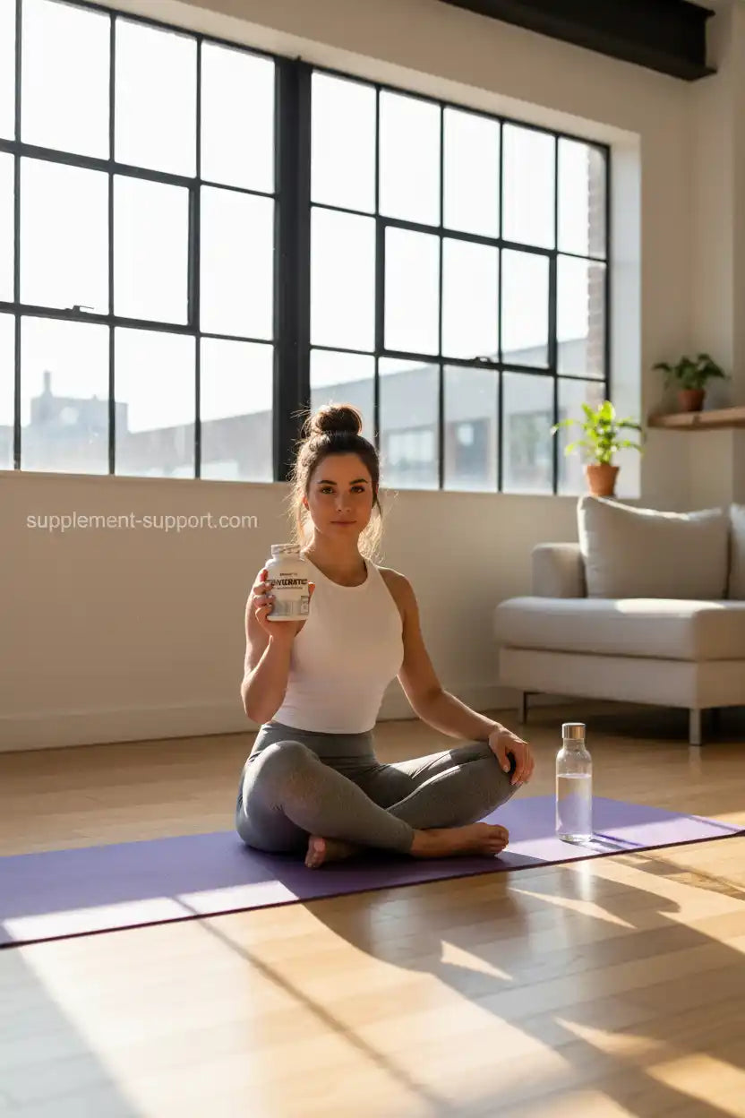 Frau mit Nahrungsergänzungsmittel auf Yogamatte, Fitness und Gesundheit