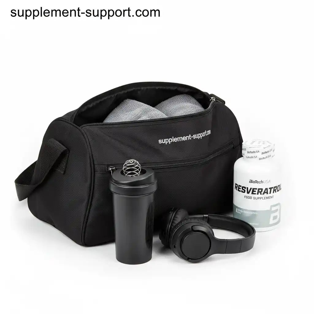 Schwarze Sporttasche mit Shaker, Kopfhörern und Resveratrol Nahrungsergänzungsmittel für Fitness und Training