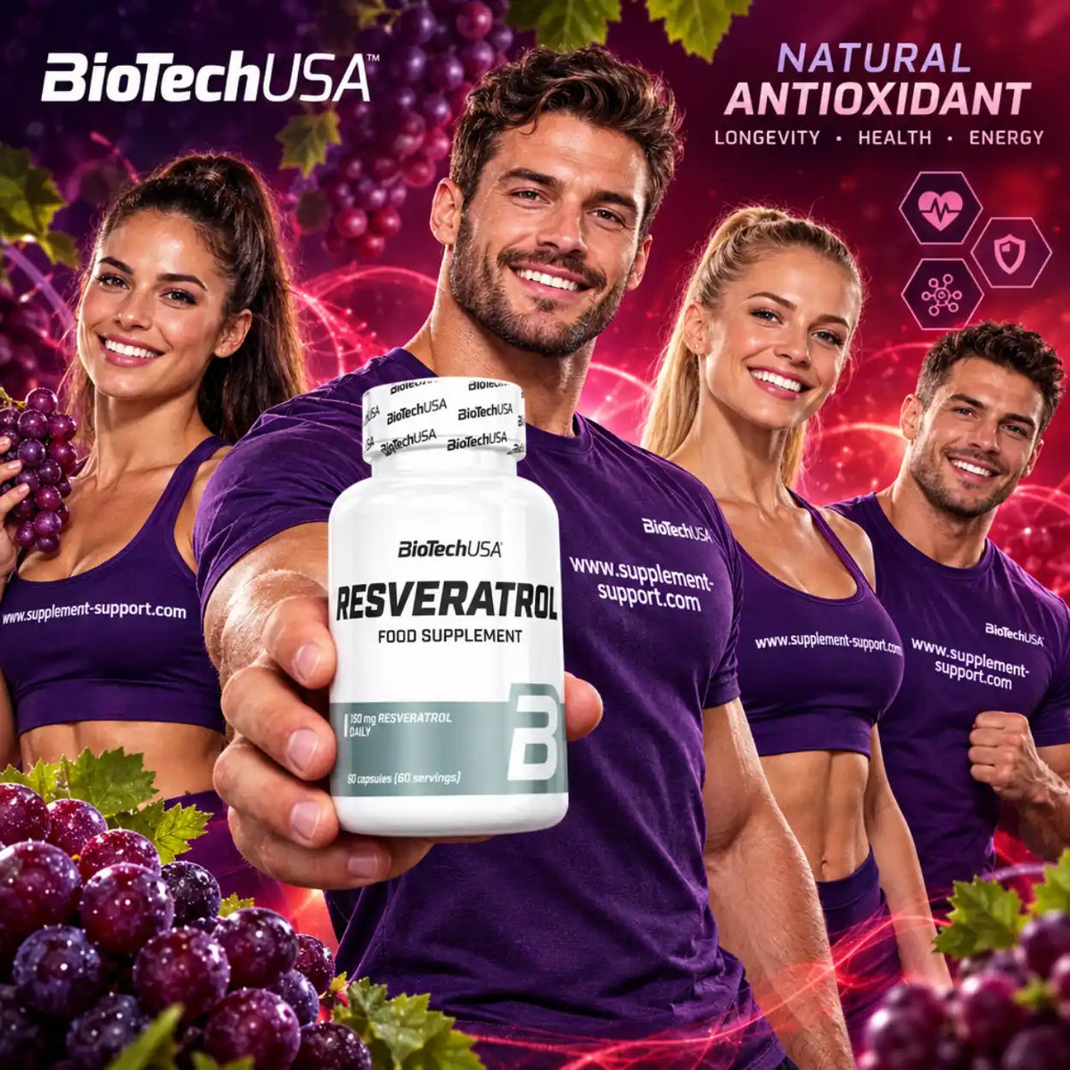 BioTech USA Resveratrol Nahrungsergänzungsmittel mit sportlichen Menschen und Weintrauben.