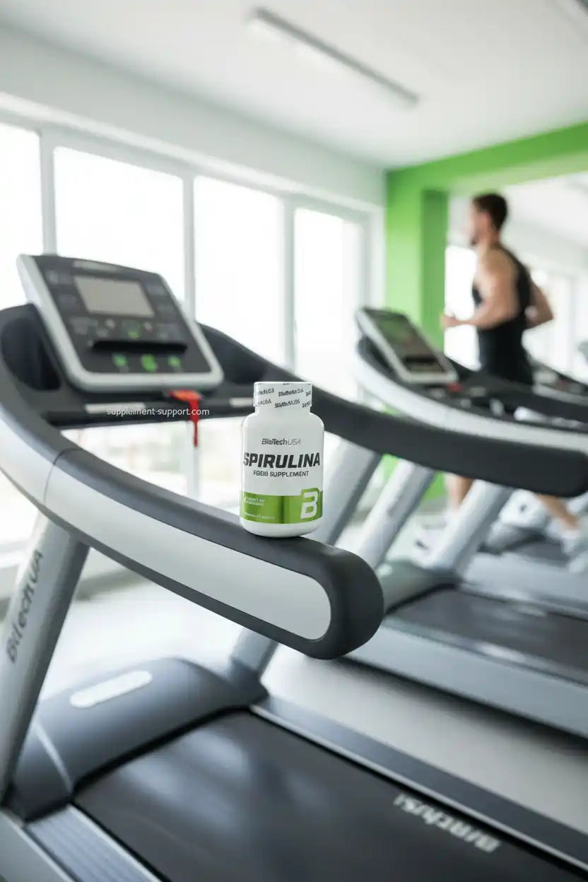Spirulina Nahrungsergänzung auf Laufband im Fitnessstudio für Sportler