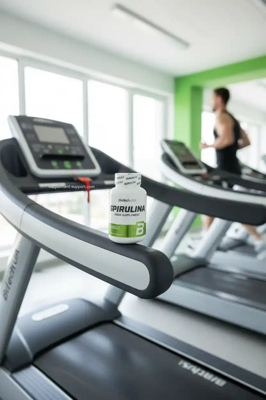 Spirulina Nahrungsergänzung auf Laufband im Fitnessstudio für Sportler