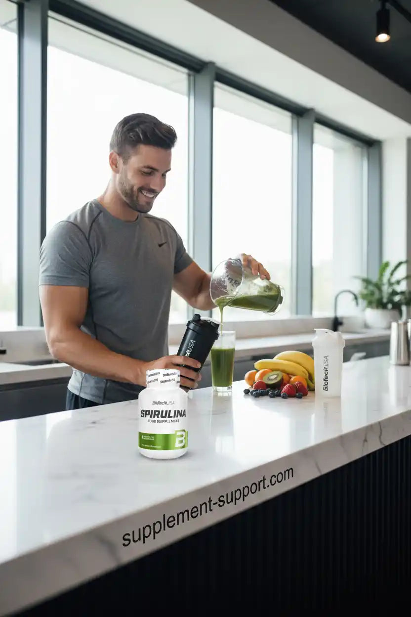 Mann gießt grünen Spirulina-Smoothie in Glas, Nahrungsergänzung für Sportler mit Obst und Shaker