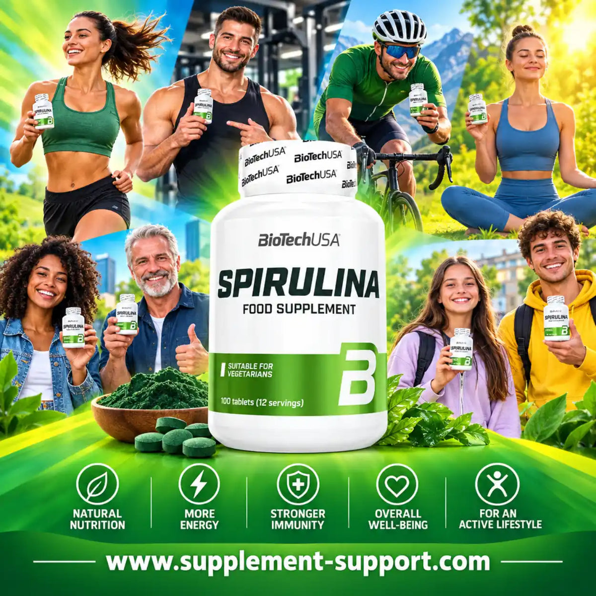 BioTech USA Spirulina Nahrungsergänzungsmittel mit Tabletten und sportlichen Menschen.