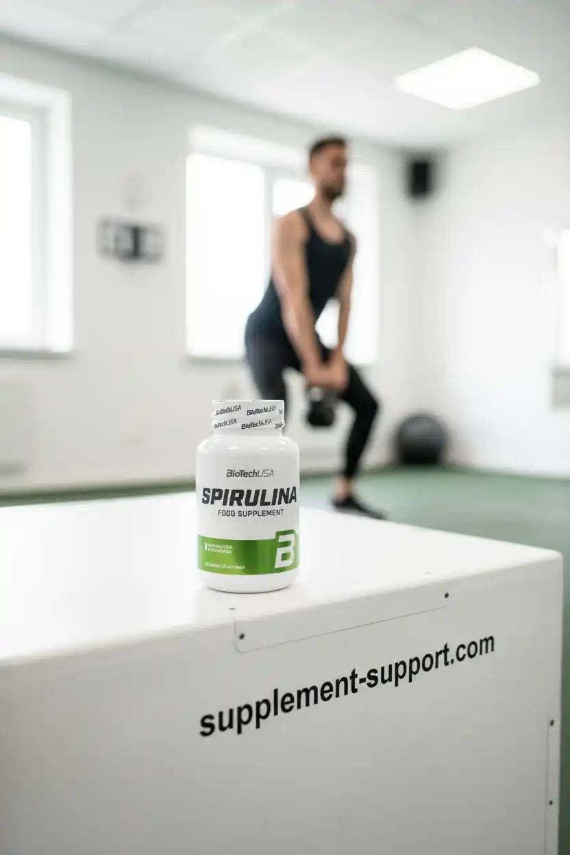Spirulina Nahrungsergänzungsmittel von BioTechUSA im Fitnessstudio, ideal für Sportler und Fitness-Enthusiasten