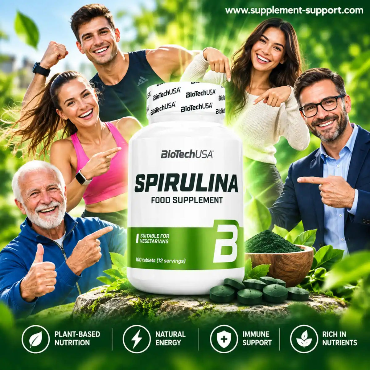BioTech USA Spirulina Nahrungsergänzungsmittel mit 100 Tabletten und glücklichen Menschen.