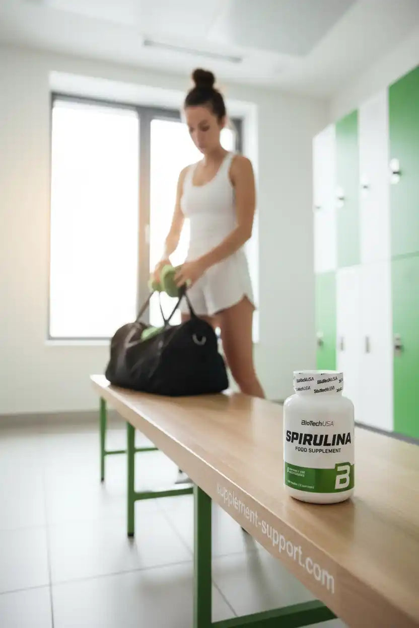 Spirulina Nahrungsergänzungsmittel auf Bank im Fitnessstudio mit Sportlerin im Hintergrund