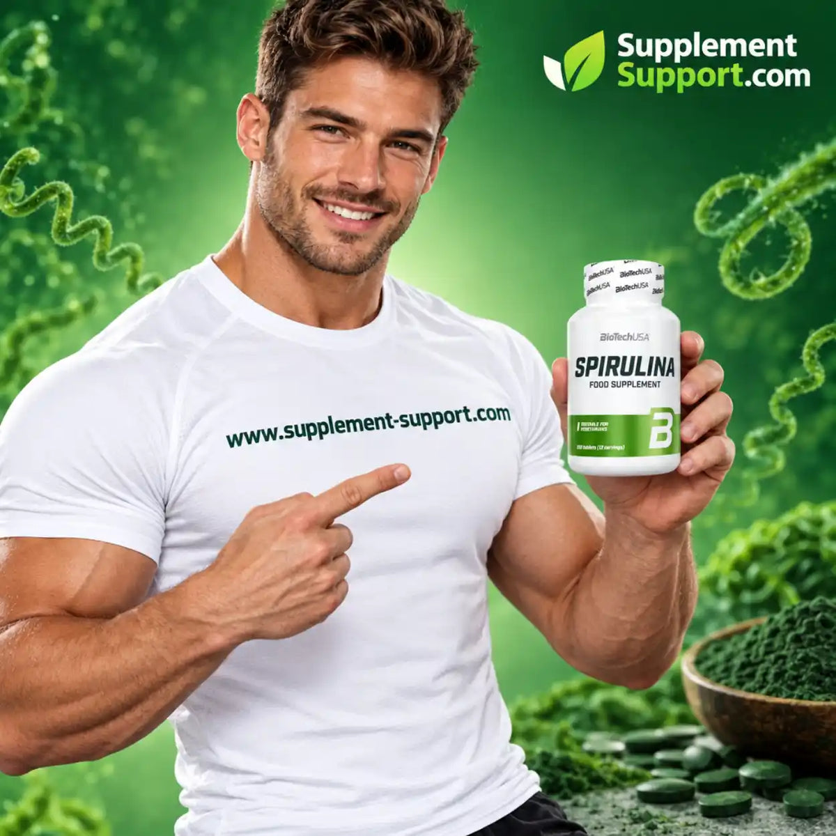 Muskulöser Mann hält eine Dose BioTech USA Spirulina Nahrungsergänzungsmittel.
