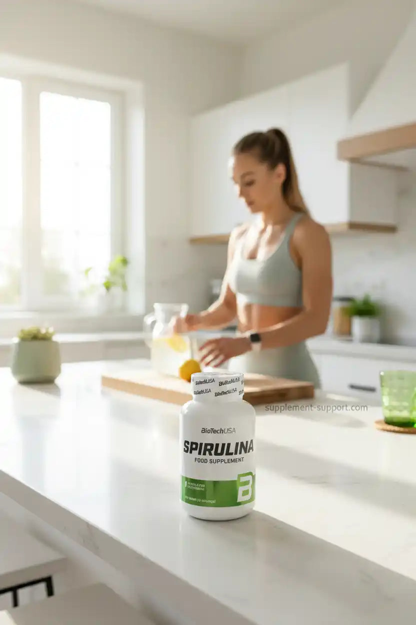 Spirulina Nahrungsergänzungsmittel in moderner Küche mit Sportlerin im Hintergrund
