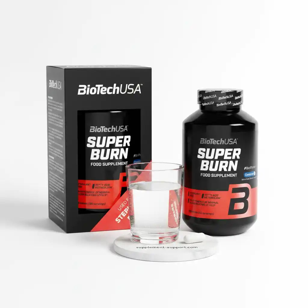 BioTechUSA Super Burn Nahrungsergänzung mit Glas Wasser und Tabletten