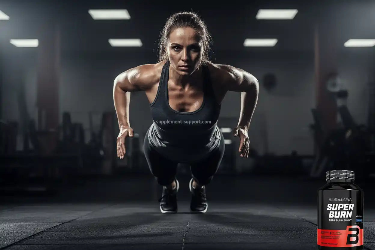 Frau beim Training im Fitnessstudio mit Super Burn Fettburner von BioTechUSA