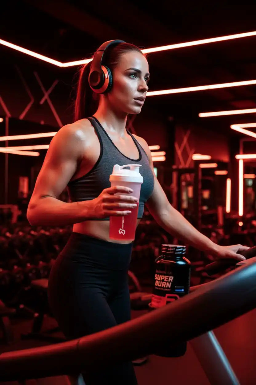 Frau mit Protein-Shaker und Super Burn Supplement beim Laufen auf dem Laufband im Fitnessstudio